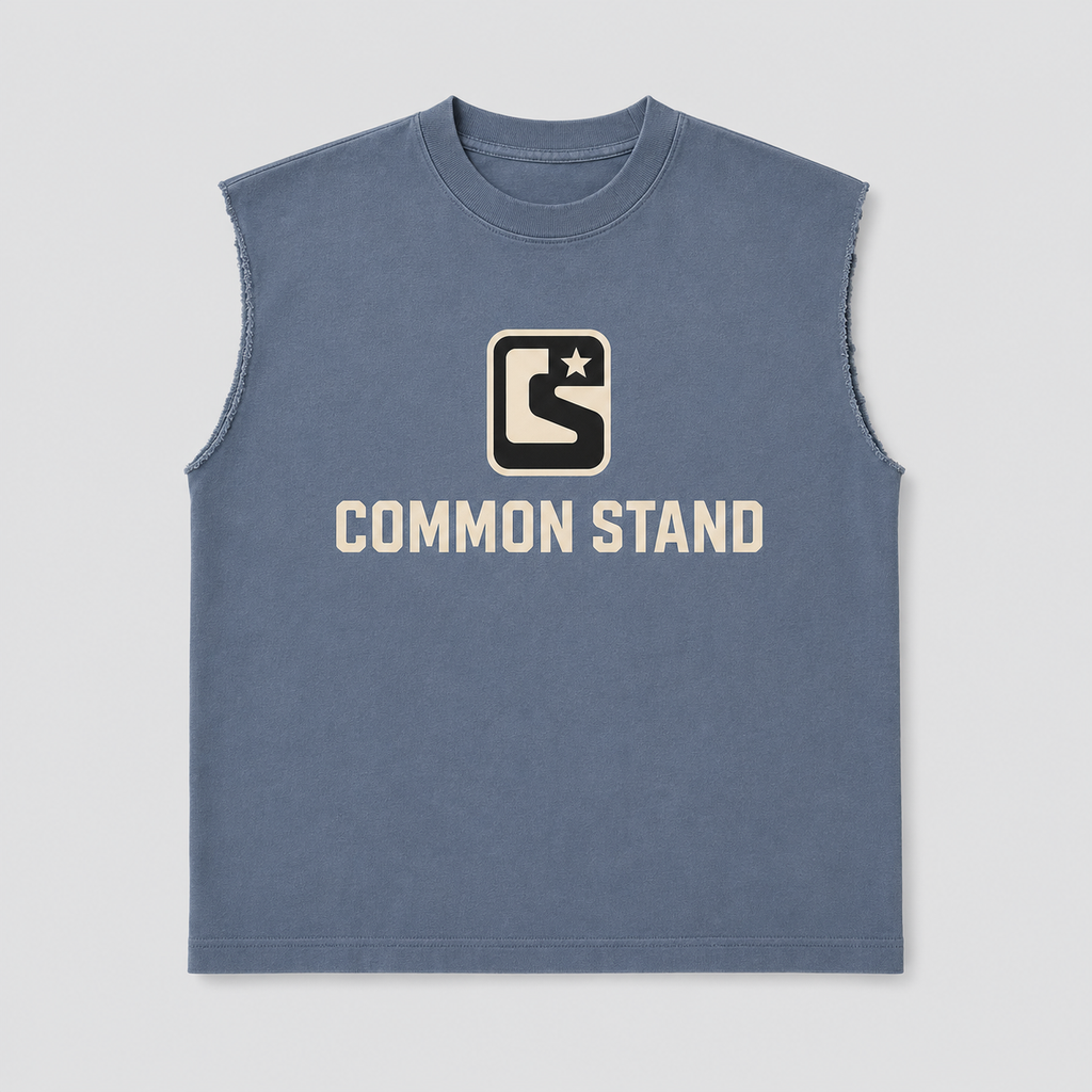 Common Stand — T-shirt sans manches coupe boxy, bleu pierre — vue 1